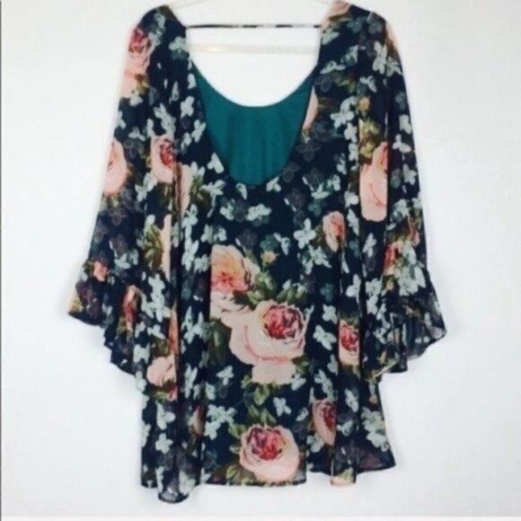 Show me your Mumu womans Green floral Tunic dress bell sleeve Small BoxC - Picture 3 of 5